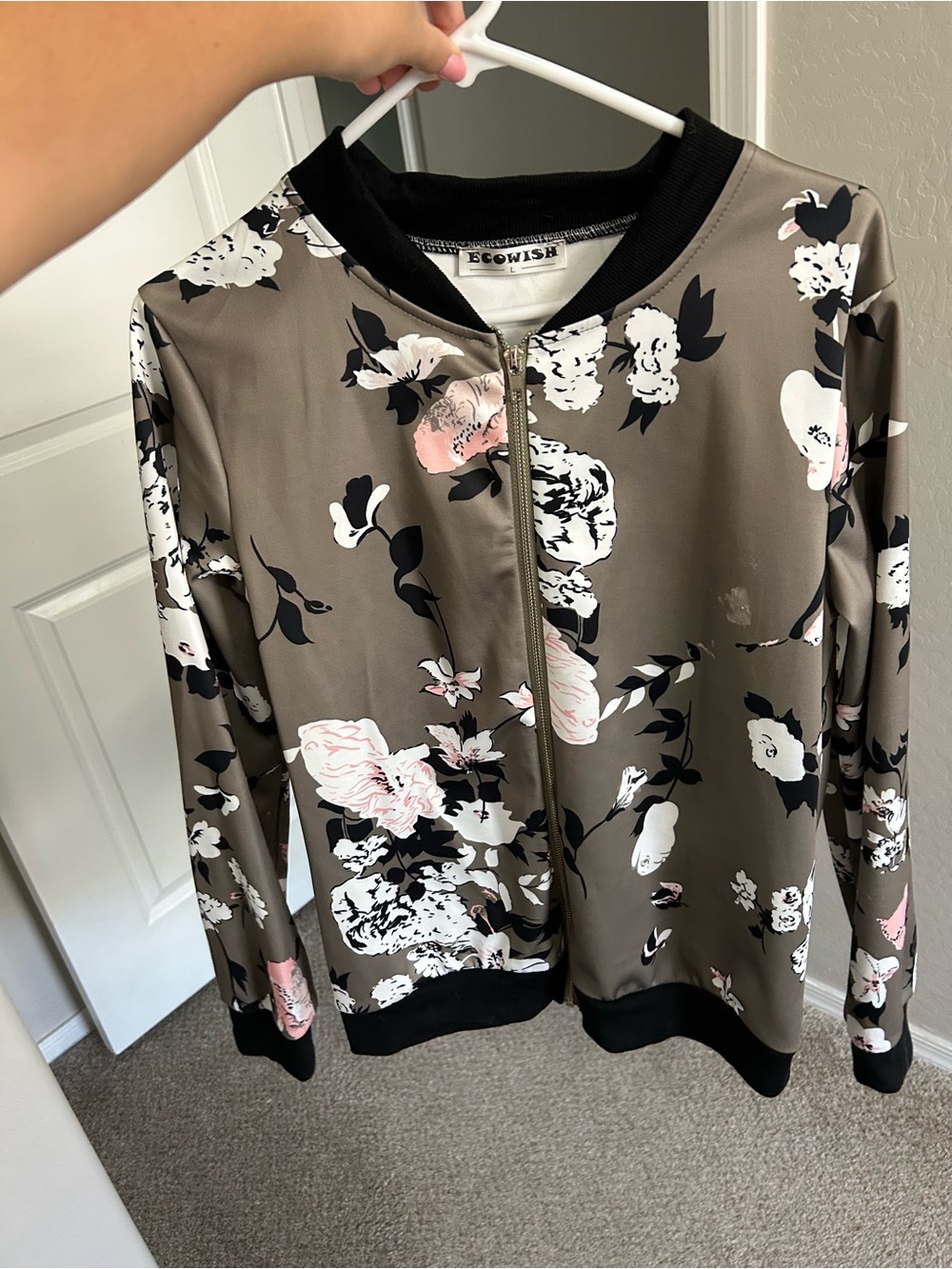 Wish Taupe Floral Bomber Jacket with Black Trim